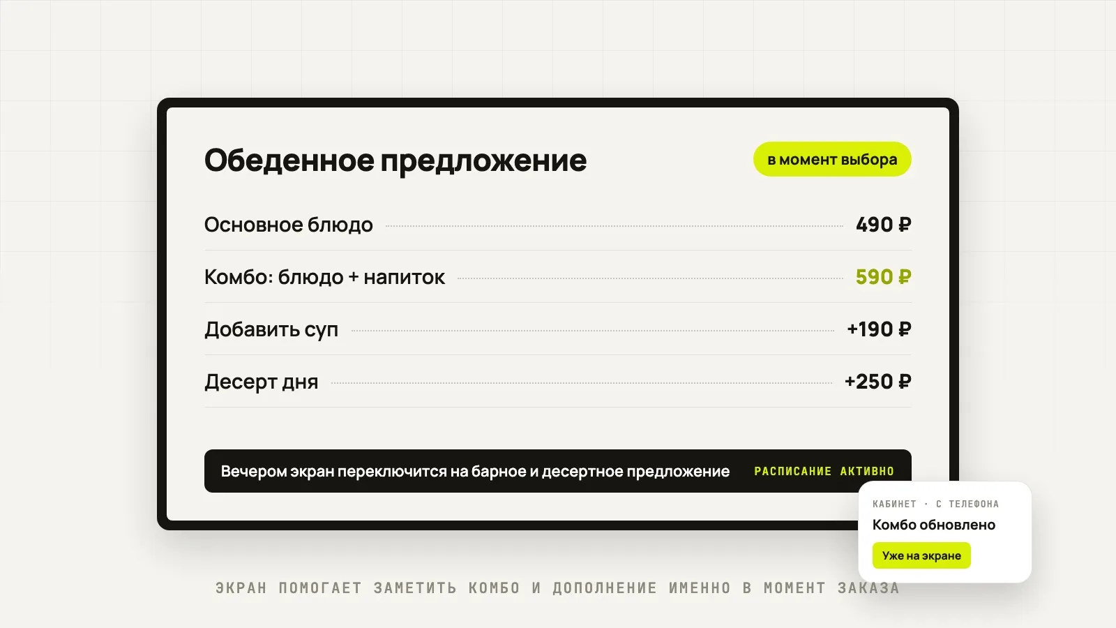 Менюборд подсказывает гостю выгодные позиции в момент выбора
