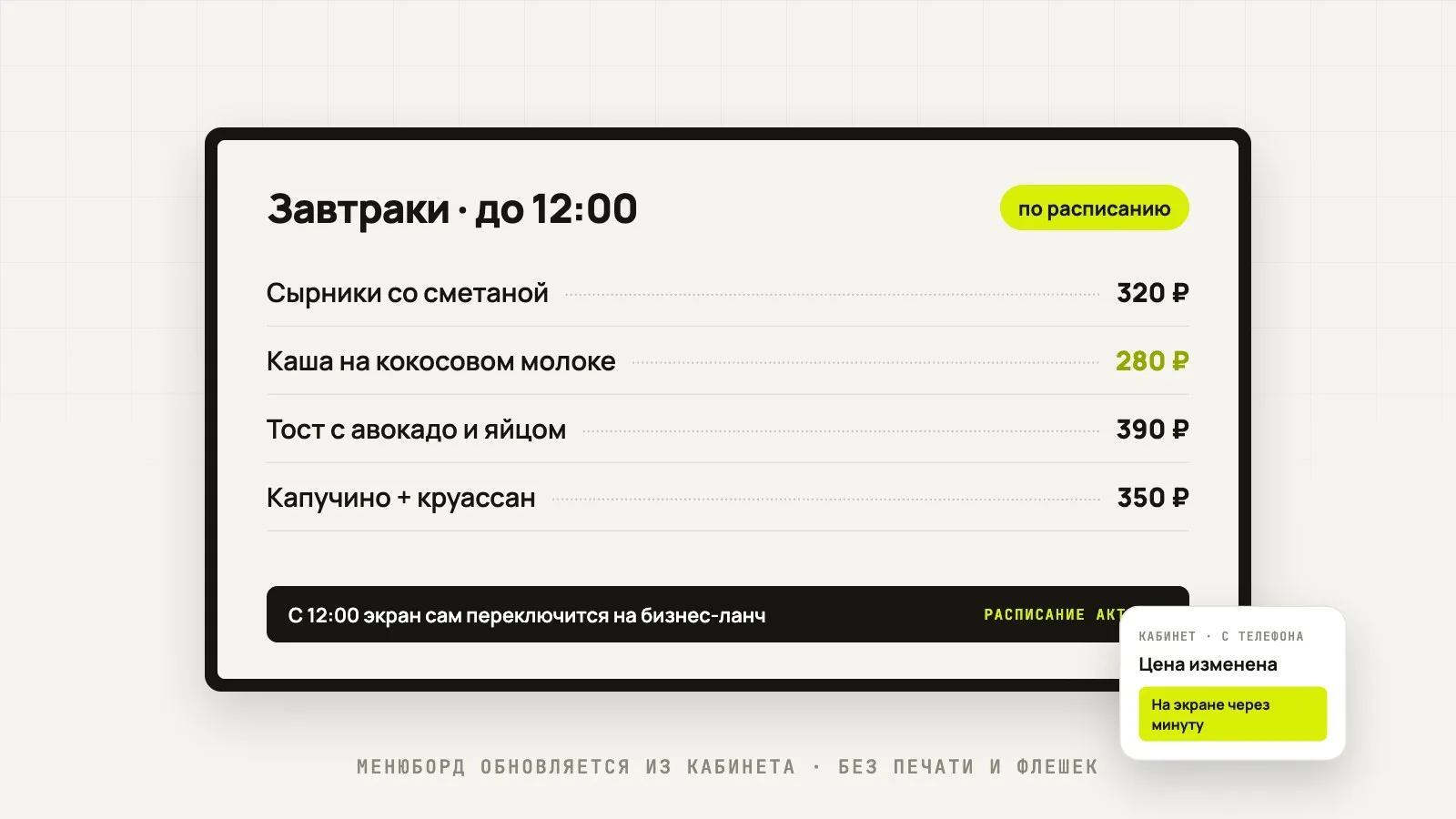 Цифровой меню-борд на экране телевизора с расписанием