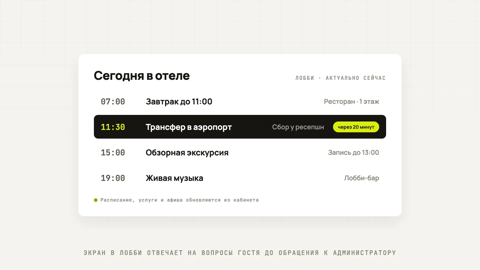 Экран в лобби отеля: расписание дня и афиша для гостей