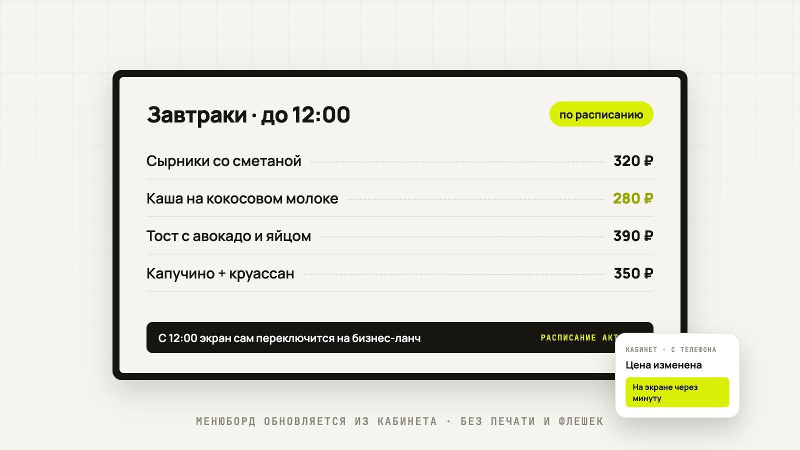 Цифровой меню-борд на экране телевизора с расписанием